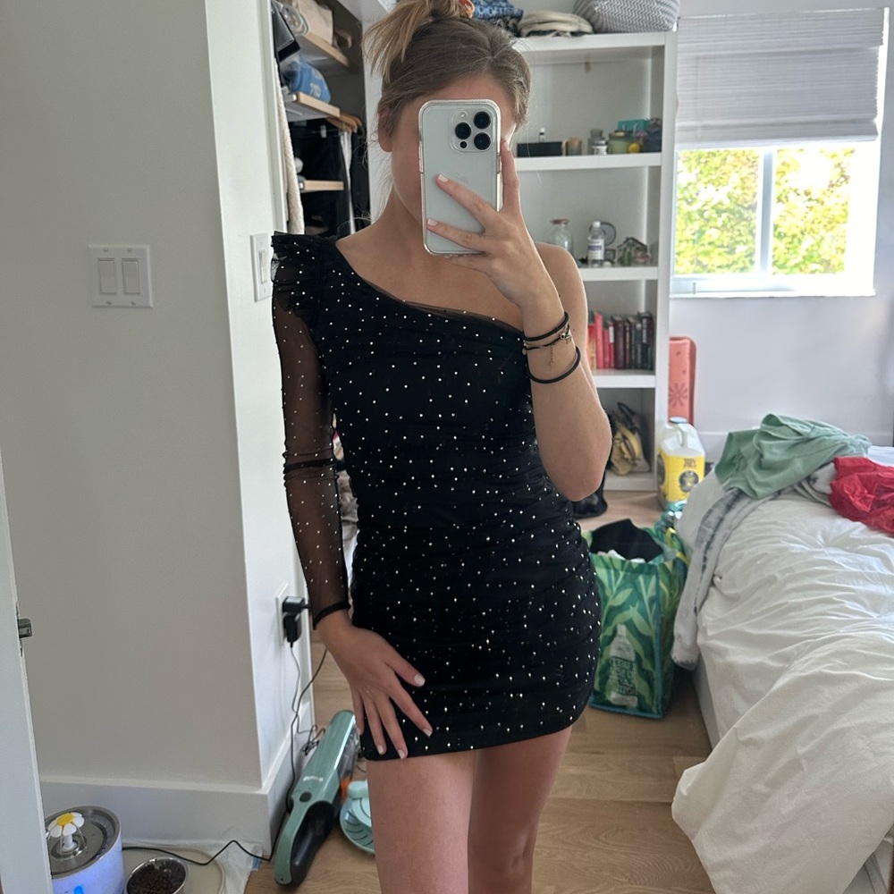 Zara black bedazzled tight one shoulder dress
